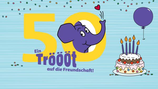 Elefant hat Geburtstag und schaut aus einer großen 50 hervor