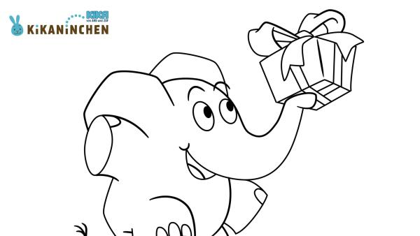 Elefant hält auf seinem Rüssel ein Geschenk 