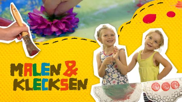 Eine Collage mit Blumen, einem Pinsel und zwei Kindern auf gelbem Hintergrund.