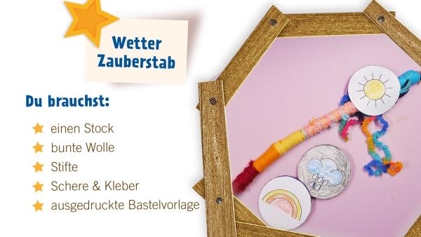 Zaubere dir dein Wunsch-Wetter, indem du das passende Wetter auf deinen Zauberstab steckst. Ob Sonne, Regen, Wind oder auch einen Regenbogen - alles kannst du mit einem Zauberspruch herbei zaubern. 