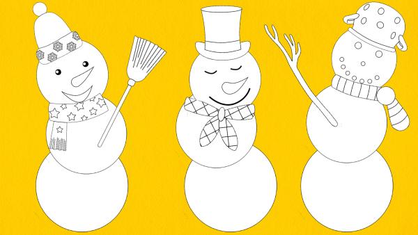 Bastle ein Schneemann-Namensschild mit bunten Stifte, Schere, Kleber, Faden und der ausgedruckten Vorlage. 