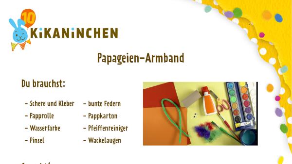 buntes Papageien-Armband aus einer Klopapierrolle, Federn und Pfeiffenreiniger