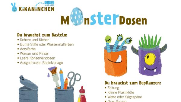 Bastelbogen von einer Monsterdose mit Grashaaren, mit einer Schritt-für-Schritt-Anleitung zum Selberbasteln.