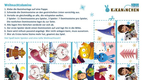 Weihnachtliches Domino zum Ausschneiden mit Kikaninchen, Fidi und einem Wichtel
