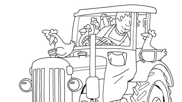 Die Bäuerin und die Hühner unternehmen eine fröhlcihe Traktorfahrt.