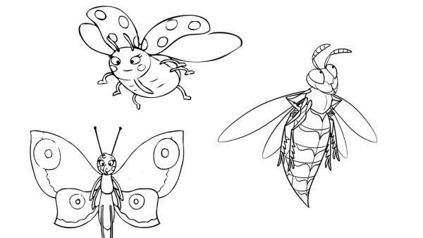 Lade dir ein Ausmalbild von der Sendung "Löwenzähnchen“ herunter. Male Marienkäfer, Schmetterling und Biene mit Stiften bunt aus.