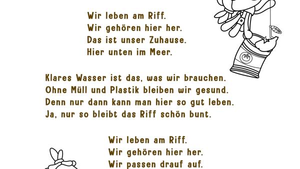 Maari, Fin und Tuts sammeln Müll ein und säubern das Riff. 
