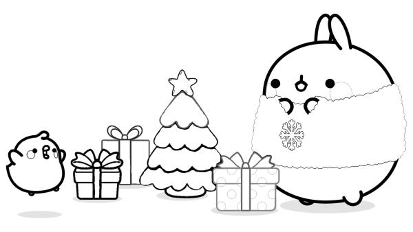 Molang und Piu Piu überreichen sich ihre Geschenke am Weihnachtsabend. 