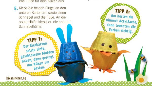 Bastelanleitung für ein Osterküken und ein Kaninchen aus Eierkarton.