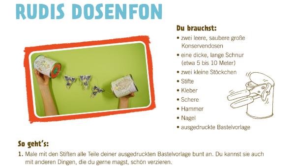 Bastelvorlage für ein Dosentelefon mit Rabe Rudi von Siebenstein und dem Koffer.