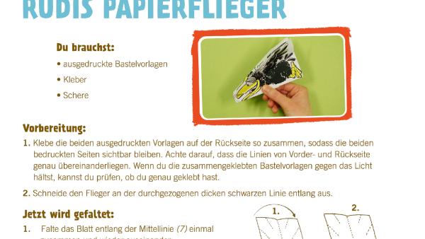 Bastelvorlage für einen Papierflieger im Rabe Rudi Look.